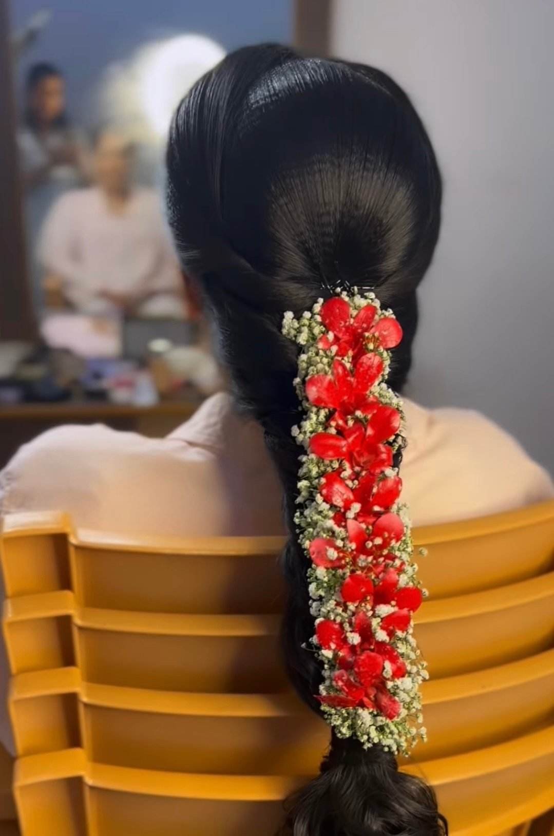 Red Flowers Petals Moggalu Veni Indian Hair piece | Hair Bun Juda Brid –  Classical Dance Jewelry