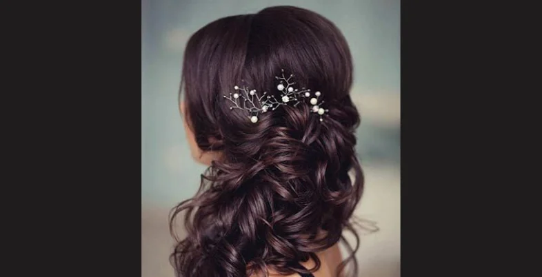 Engagement Hairstyle for Bride - Side-Swept Curls with Hair Accessories